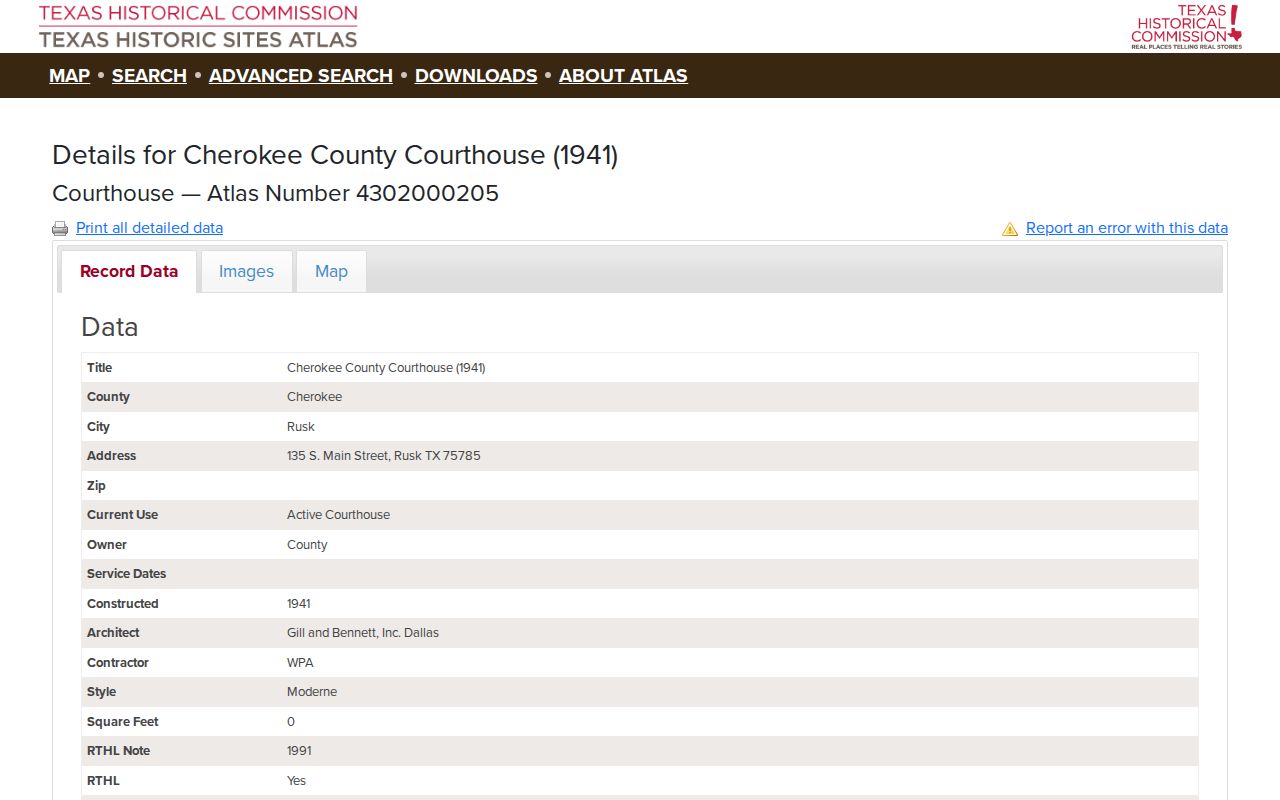 Texas Historical Commission record for the 1941 Cherokee County Courthouse