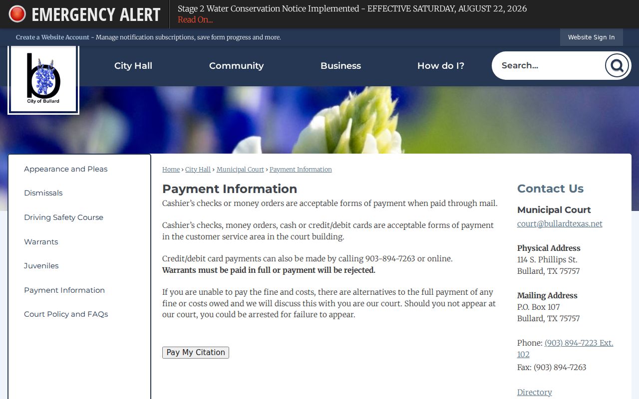 Bullard court records with payment warrant and failure-to-appear instructions